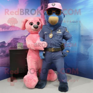 Pink Navy Seal mascot costume character dressed with a Denim Shirt and Wraps