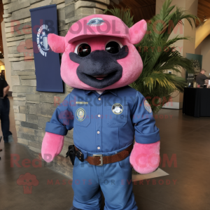 Pink Navy Seal mascot costume character dressed with a Denim Shirt and Wraps