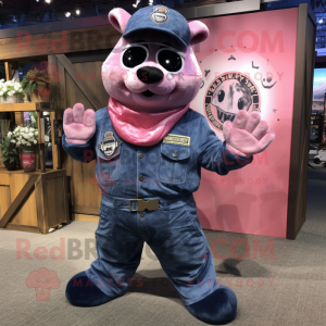 Pink Navy Seal mascot costume character dressed with a Denim Shirt and Wraps