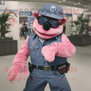 Pink Navy Seal mascot costume character dressed with a Denim Shirt and Wraps