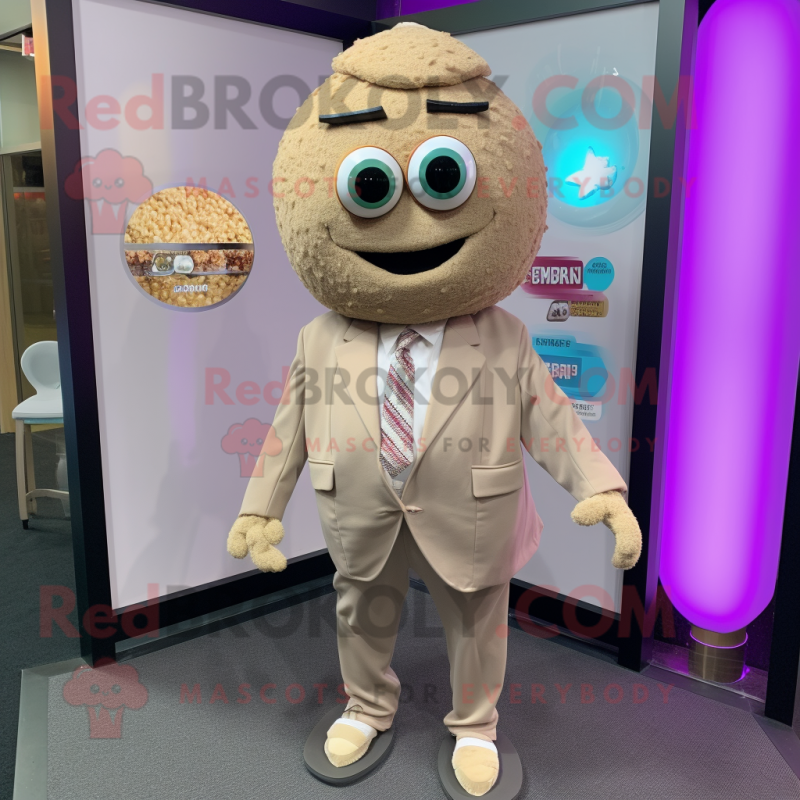 Beige Falafel mascot costume character dressed with a Blazer and Necklaces Beige Falafel mascot costume character dressed with a Blazer and Necklaces