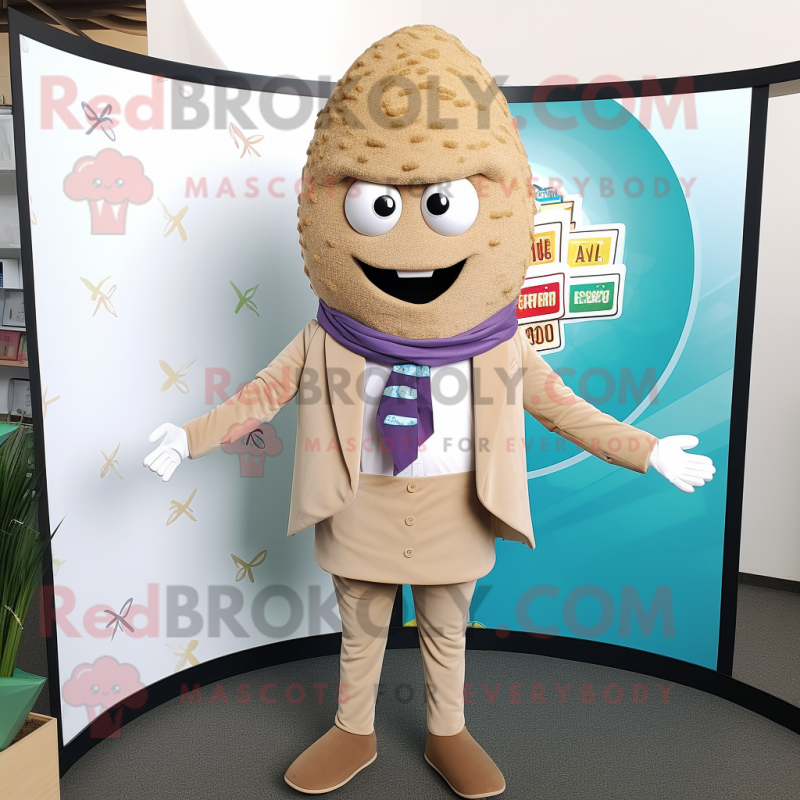 Beige Falafel mascot costume character dressed with a Blazer and Necklaces Beige Falafel mascot costume character dressed with a Blazer and Necklaces