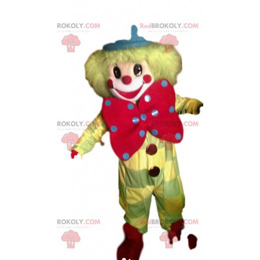 Gul clownmaskot med en stor röd rosett - Redbrokoly.com