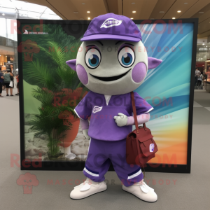 Purple Tuna mascot costume character dressed with a Polo Shirt and Messenger bags