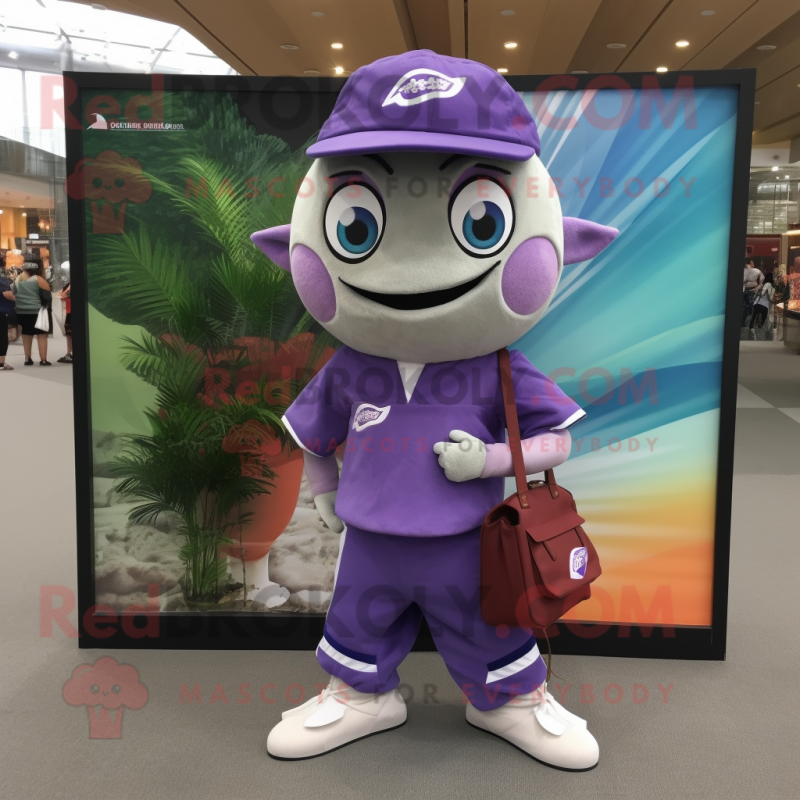 Purple Tuna mascot costume character dressed with a Polo Shirt and Messenger bags Purple Tuna mascot costume character dressed with a Polo Shirt and Messenger bags