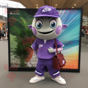Purple Tuna mascot costume character dressed with a Polo Shirt and Messenger bags