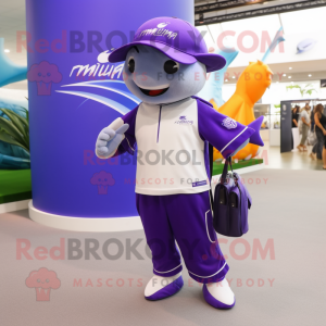 Purple Tuna mascot costume character dressed with a Polo Shirt and Messenger bags