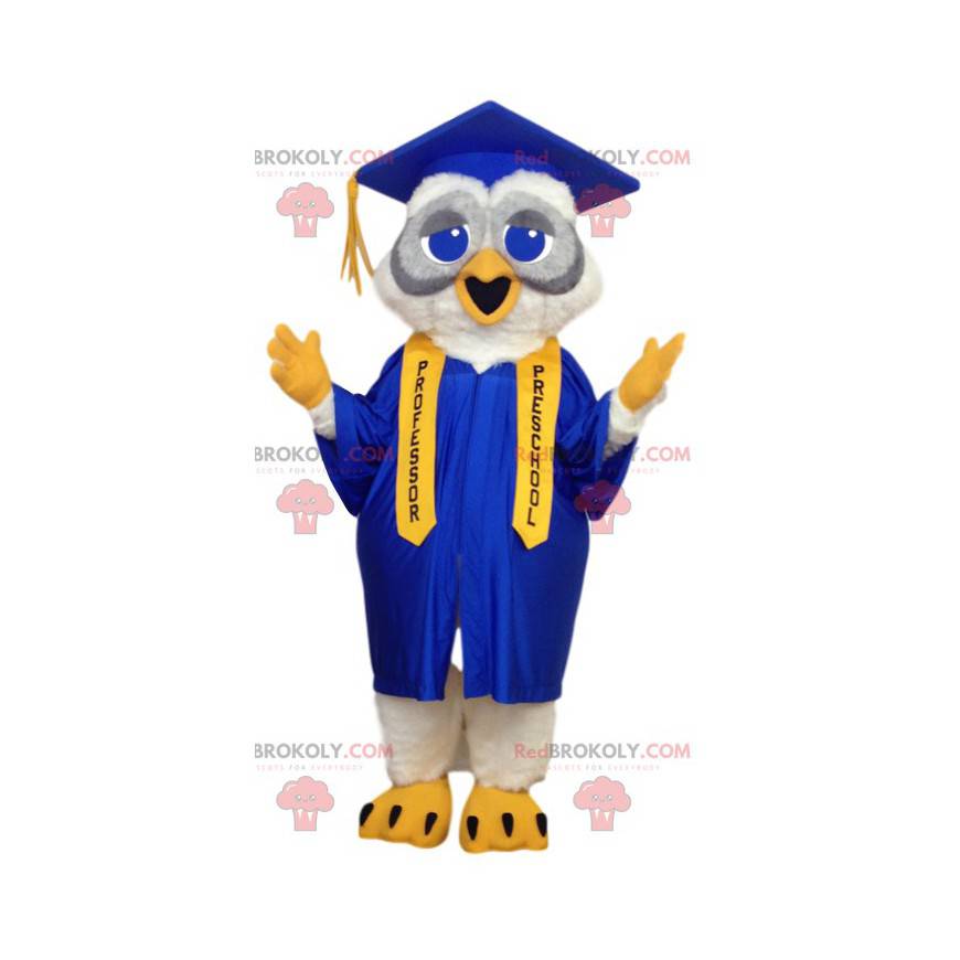 Mascot giant gray and white owls in student outfit -