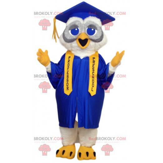 Maskot obří šedé a bílé sovy v studentské oblečení -