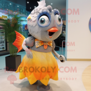 Gray Clown Fish mascot costume character dressed with a Cocktail Dress and Handbags