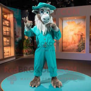 Teal Boer Goat mascot costume character dressed with a Jumpsuit and Hats
