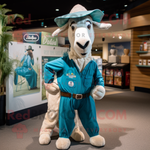 Teal Boer Goat mascot costume character dressed with a Jumpsuit and Hats