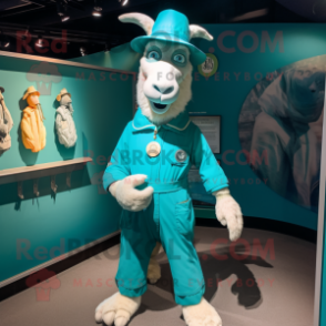 Teal Boer Goat mascot costume character dressed with a Jumpsuit and Hats