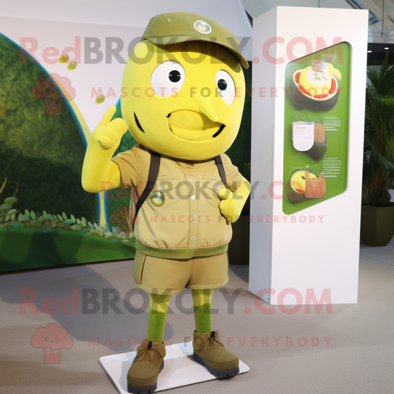 Olive Lemon mascot costume character dressed with a Cargo Shorts and Brooches