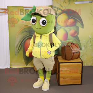 Olive Lemon mascot costume character dressed with a Cargo Shorts and Brooches