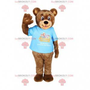 Fun brown bear mascot with his blue t-shirt - Redbrokoly.com