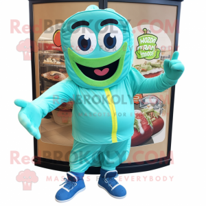 Turquoise Pesto Pasta mascot costume character dressed with a Windbreaker and Foot pads