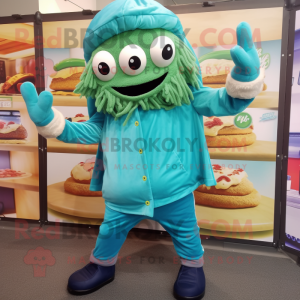 Turquoise Pesto Pasta mascot costume character dressed with a Windbreaker and Foot pads