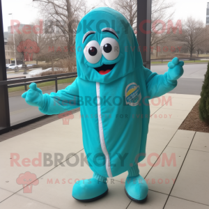 Turquoise Pesto Pasta mascot costume character dressed with a Windbreaker and Foot pads