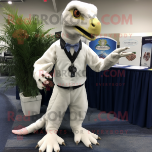 White Utahraptor mascot costume character dressed with a Dress Pants and Earrings