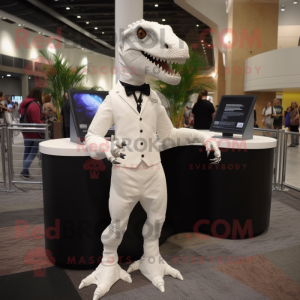 White Utahraptor mascot costume character dressed with a Dress Pants and Earrings