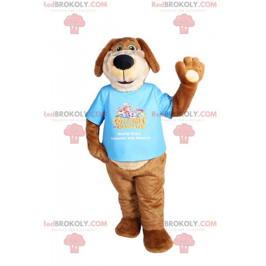 Mascotte de chien brun amusant avec son t-shirt bleu -