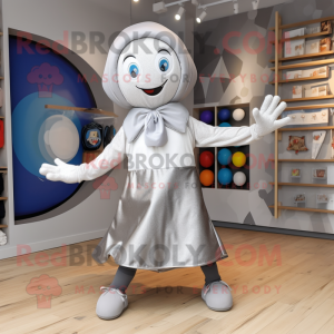 Silver Juggle mascot costume character dressed with a Culottes and Scarves
