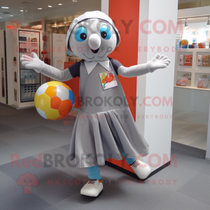 Silver Juggle mascot costume character dressed with a Culottes and Scarves