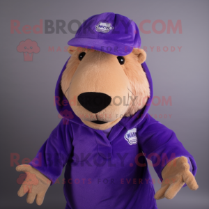 Purple Capybara mascot costume character dressed with a Corduroy Pants and Caps