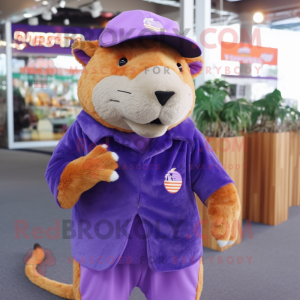 Purple Capybara mascot costume character dressed with a Corduroy Pants and Caps