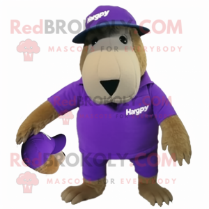 Purple Capybara mascot costume character dressed with a Corduroy Pants and Caps