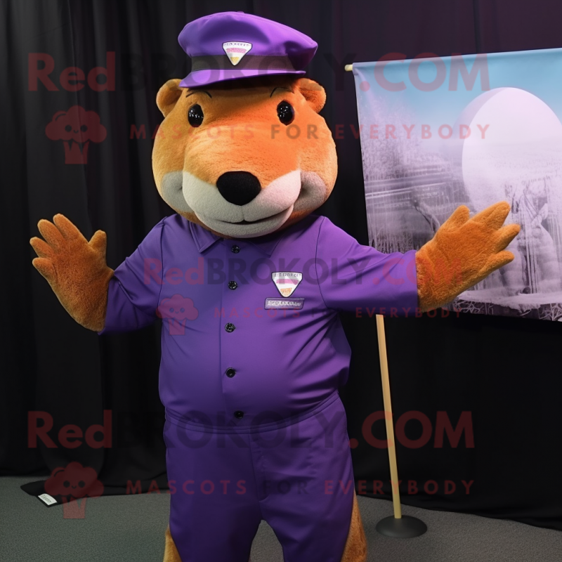 Purple Capybara mascot costume character dressed with a Corduroy Pants and Caps