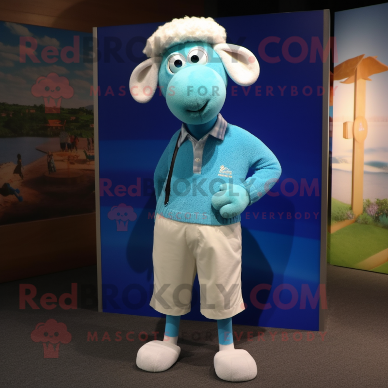 Cyan Sheep mascot costume character dressed with a Capri Pants and Ties Cyan Sheep mascot costume character dressed with a Capri Pants and Ties