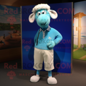 Cyan Sheep mascot costume character dressed with a Capri Pants and Ties