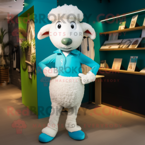 Cyan Sheep mascot costume character dressed with a Capri Pants and Ties