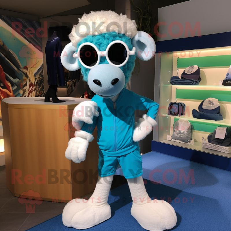 Cyan Sheep mascot costume character dressed with a Capri Pants and Ties