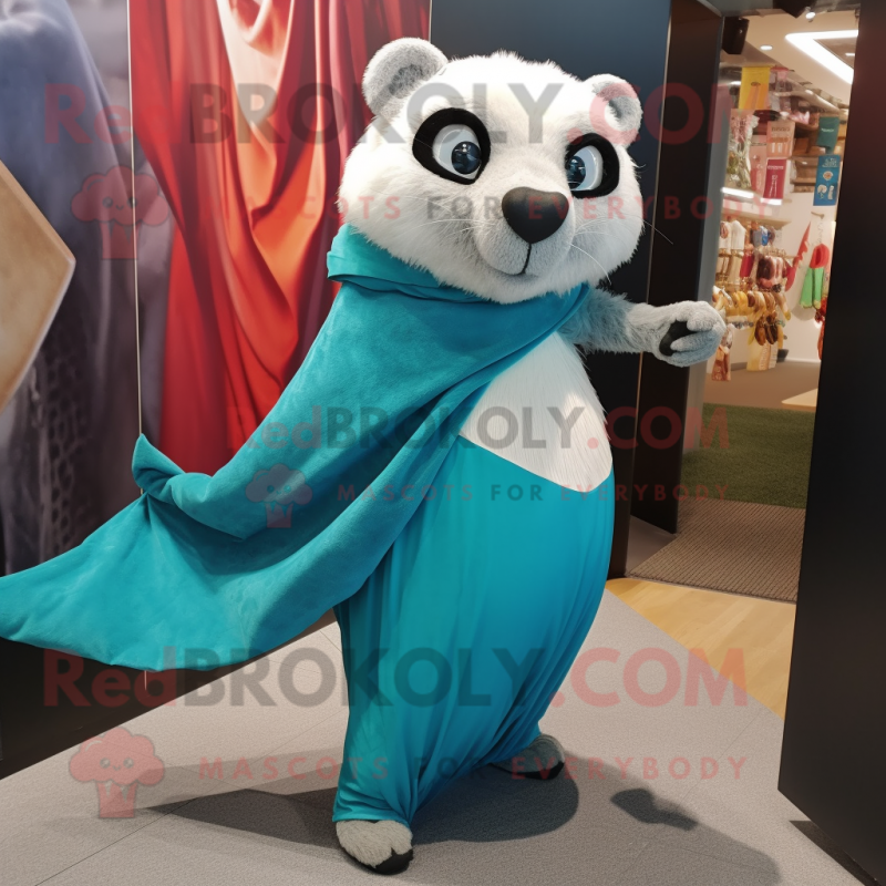Turquoise Badger mascot costume character dressed with a Jeans and Shawl pins