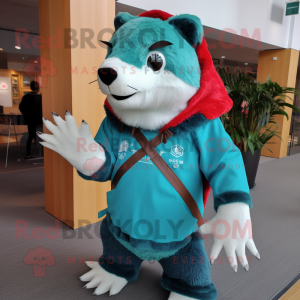 Turquoise Badger mascot costume character dressed with a Jeans and Shawl pins