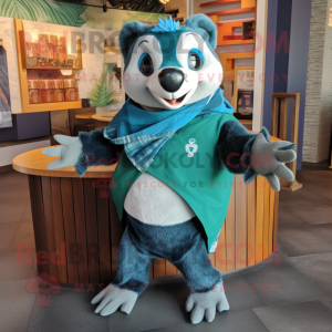 Turquoise Badger mascot costume character dressed with a Jeans and Shawl pins