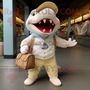 Cream Shark mascot costume character dressed with a Cargo Shorts and Coin purses