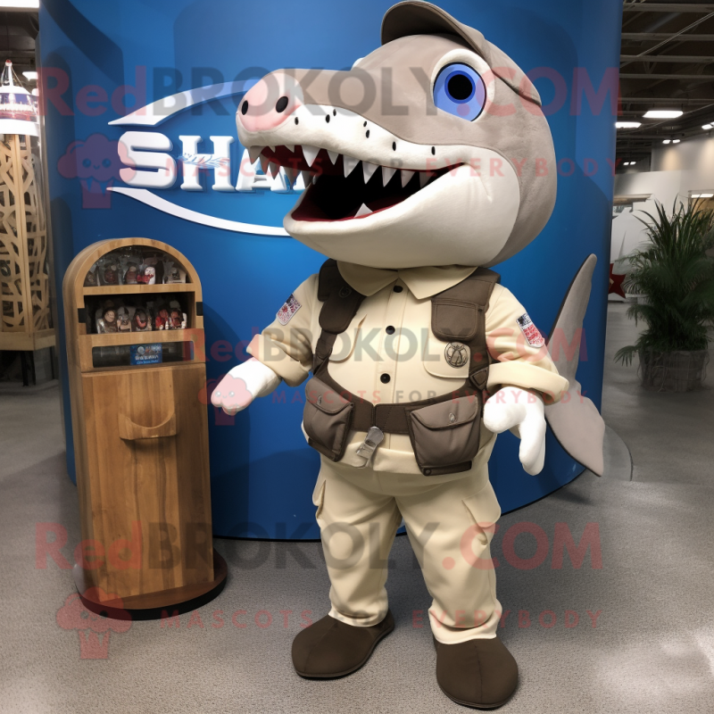 Cream Shark mascot costume character dressed with a Cargo Shorts and Coin purses