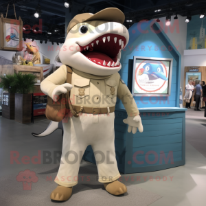 Cream Shark mascot costume character dressed with a Cargo Shorts and Coin purses