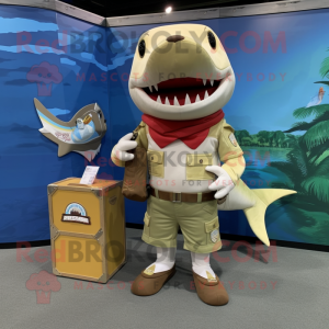 Cream Shark mascot costume character dressed with a Cargo Shorts and Coin purses