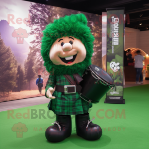 Forest Green Bagpipe mascot costume character dressed with a T-Shirt and Hair clips