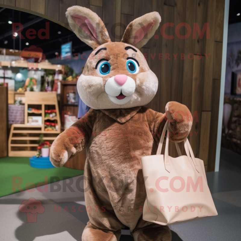 Brown Rabbit mascot costume character dressed with a Shift Dress and Tote bags