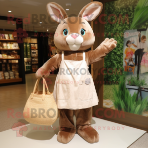 Brown Rabbit mascot costume character dressed with a Shift Dress and Tote bags