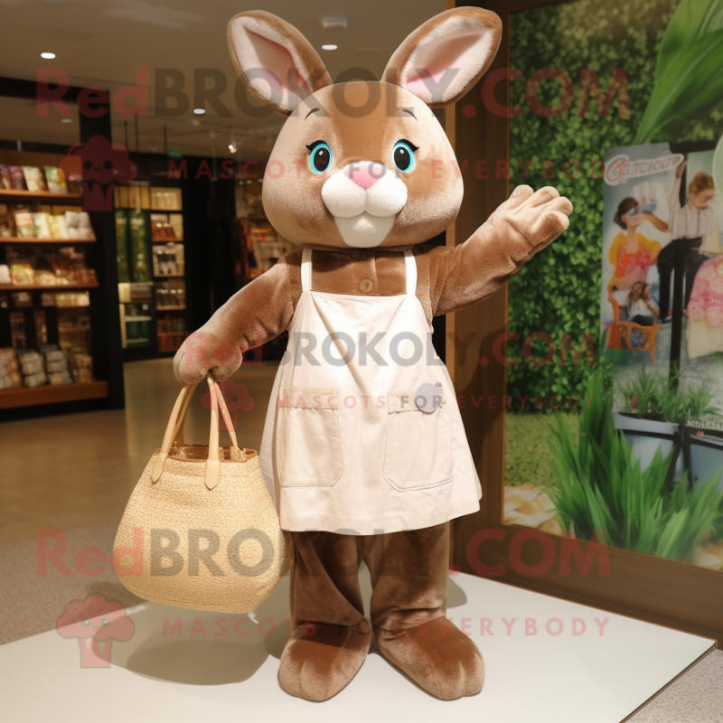 Brown Rabbit mascot costume character dressed with a Shift Dress and Tote bags Brown Rabbit mascot costume character dressed with a Shift Dress and Tote bags