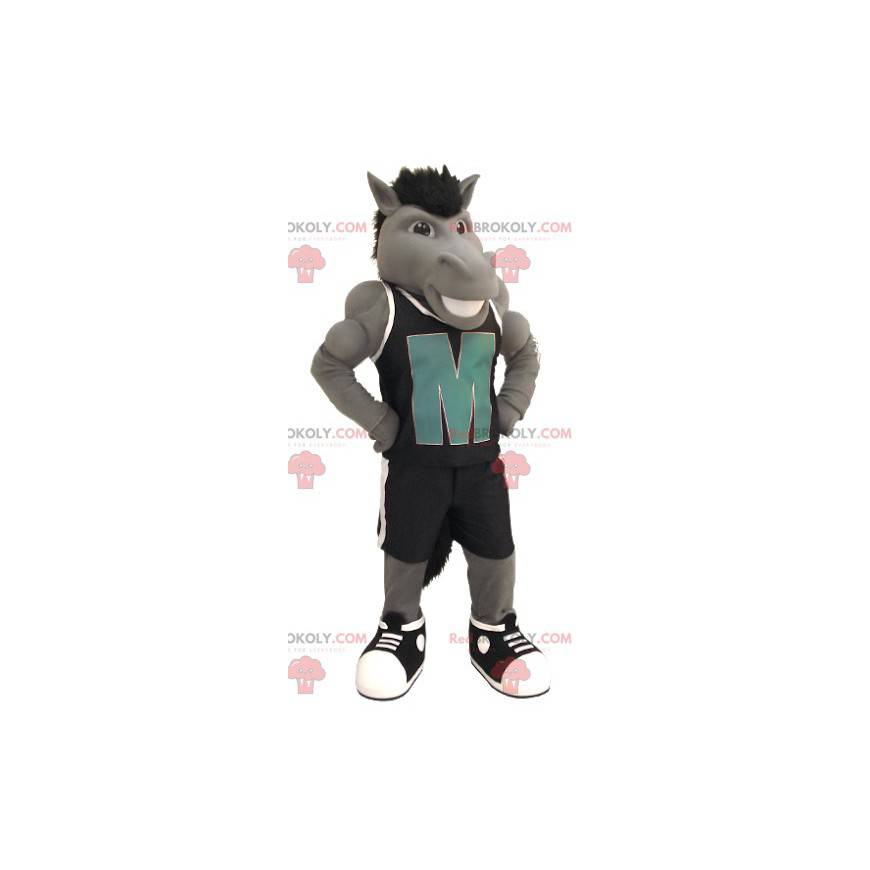 Mascota caballo gris con ropa deportiva negra - Redbrokoly.com
