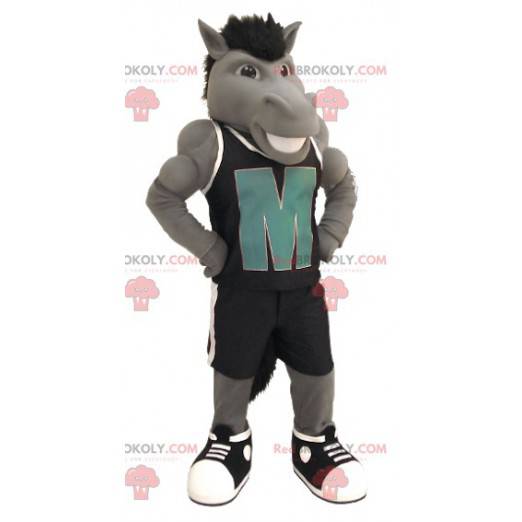Gray horse mascot with black sportswear - Redbrokoly.com