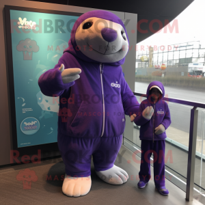 Purple Stellar'S Sea Cow mascot costume character dressed with a Jacket and Watches